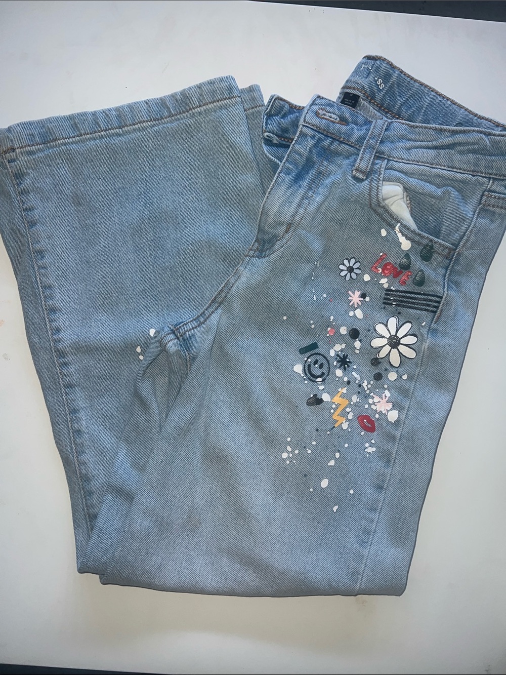 Art Class Wide Leg Light Blue Floral Graphic Girls Jeans